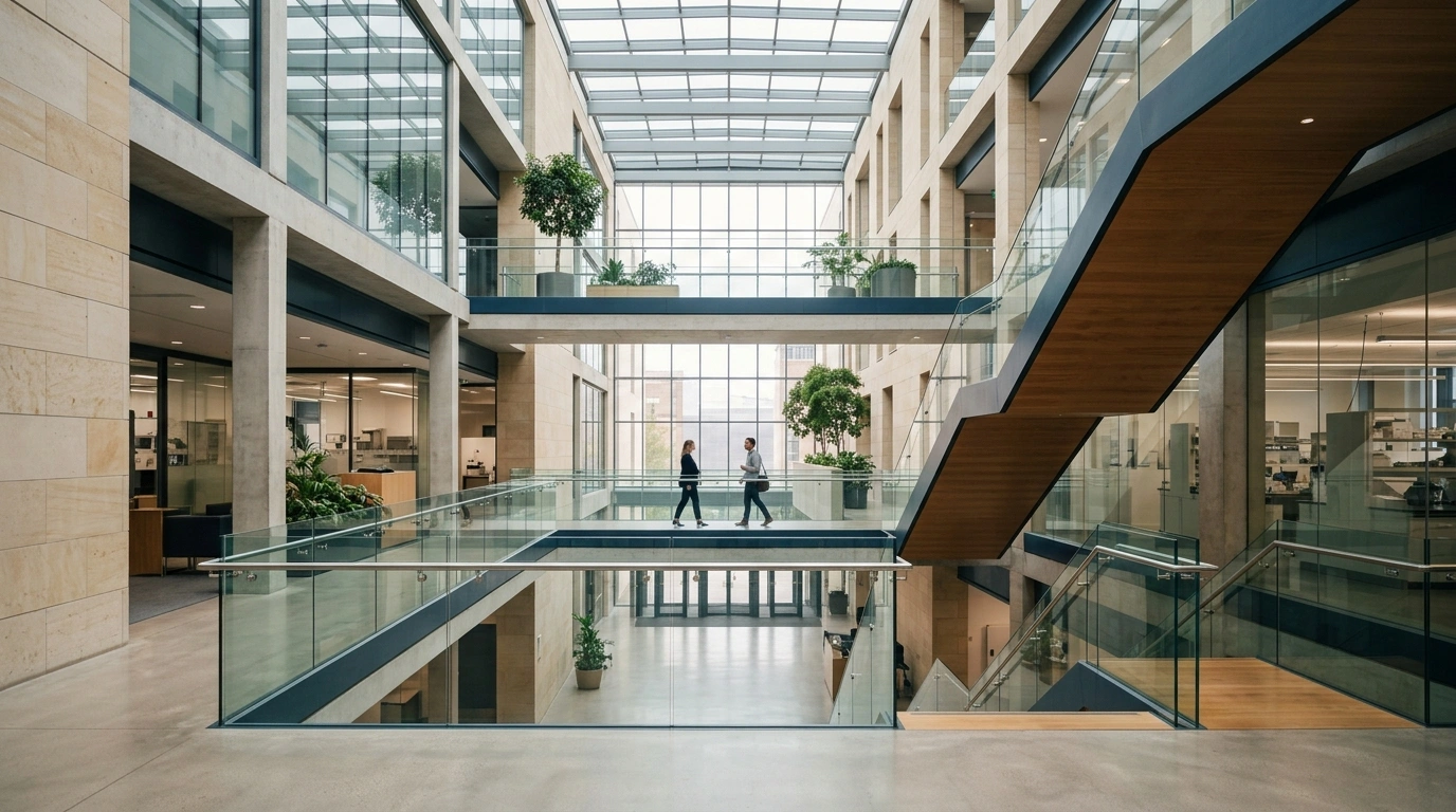 A bright modern science-institution atrium