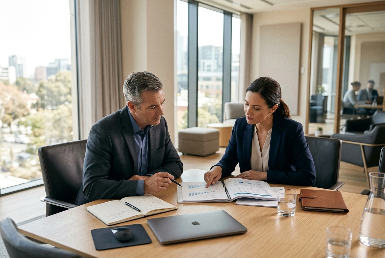 Advisors reviewing a printed evidence dossier in a boardroom